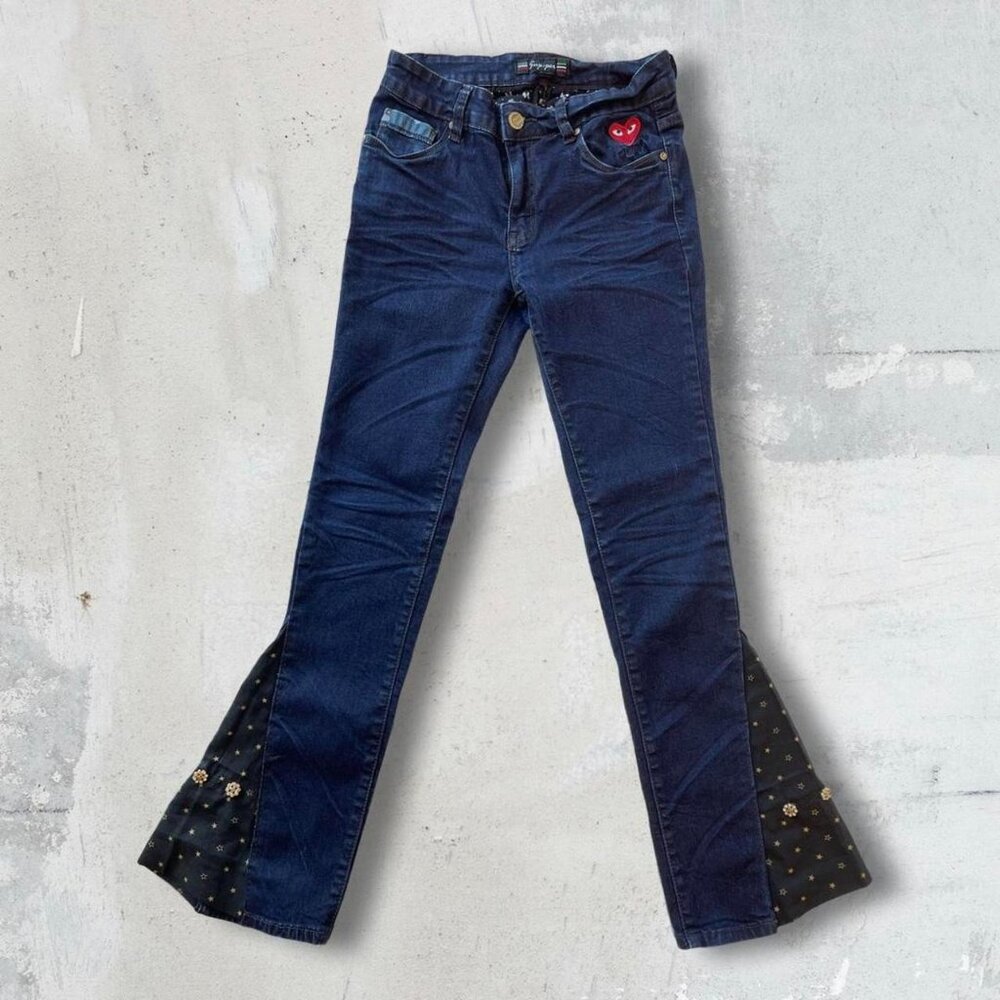 Custom Vintage Y2K Upcycled Low Rise Embellished Flare‎ Jeans Star Print Sz 29